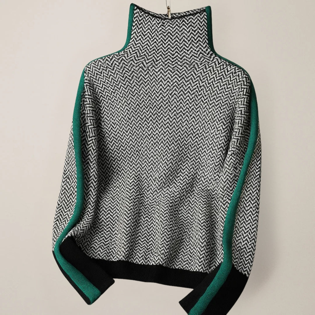 Sylvia | Women's Herringbone-Pattern High-Neck Pullover Sweater with Contrast Sleeve Stripes