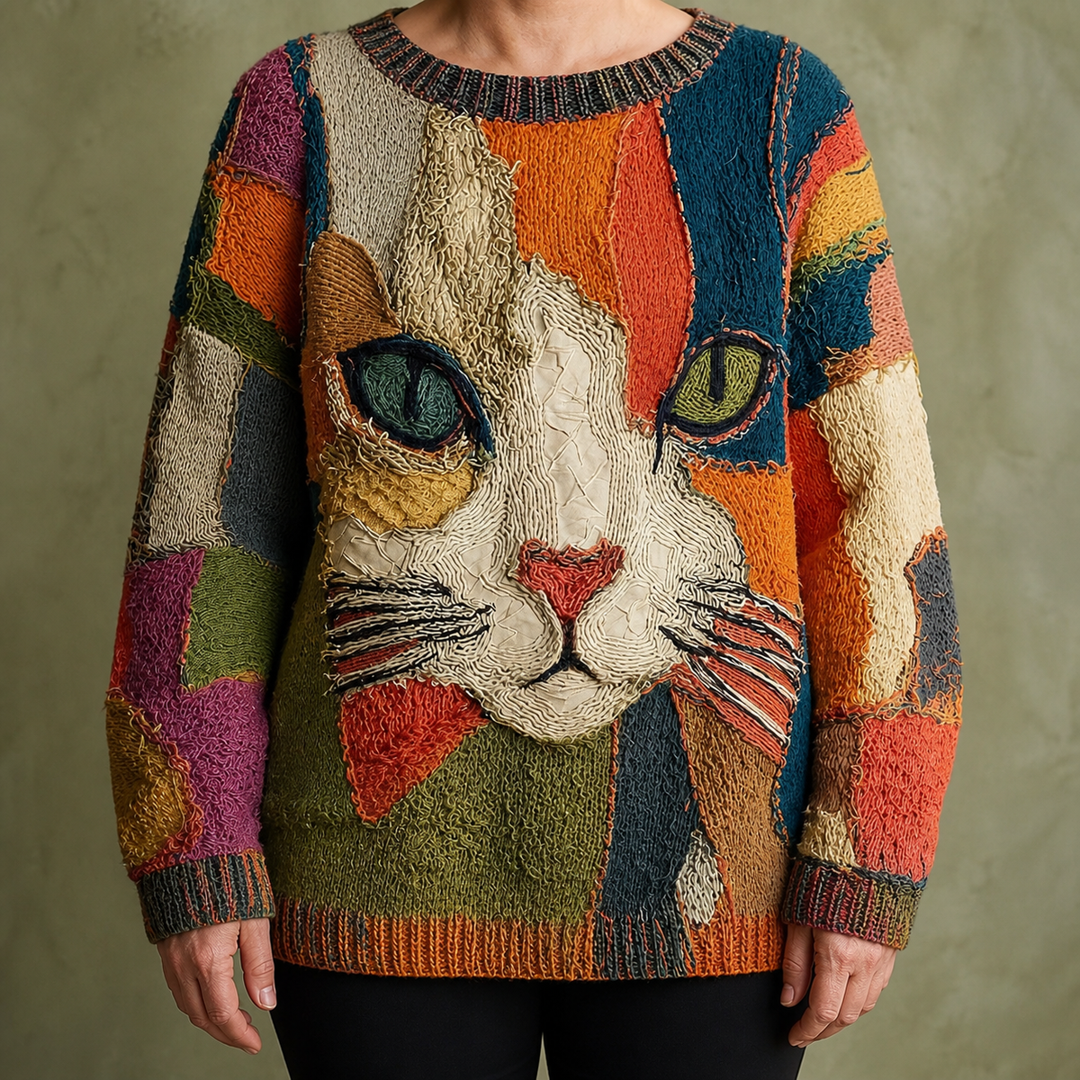Iris | Women's Relaxed Crewneck Sweater with Colorful Cat Graphic and Patchwork Design