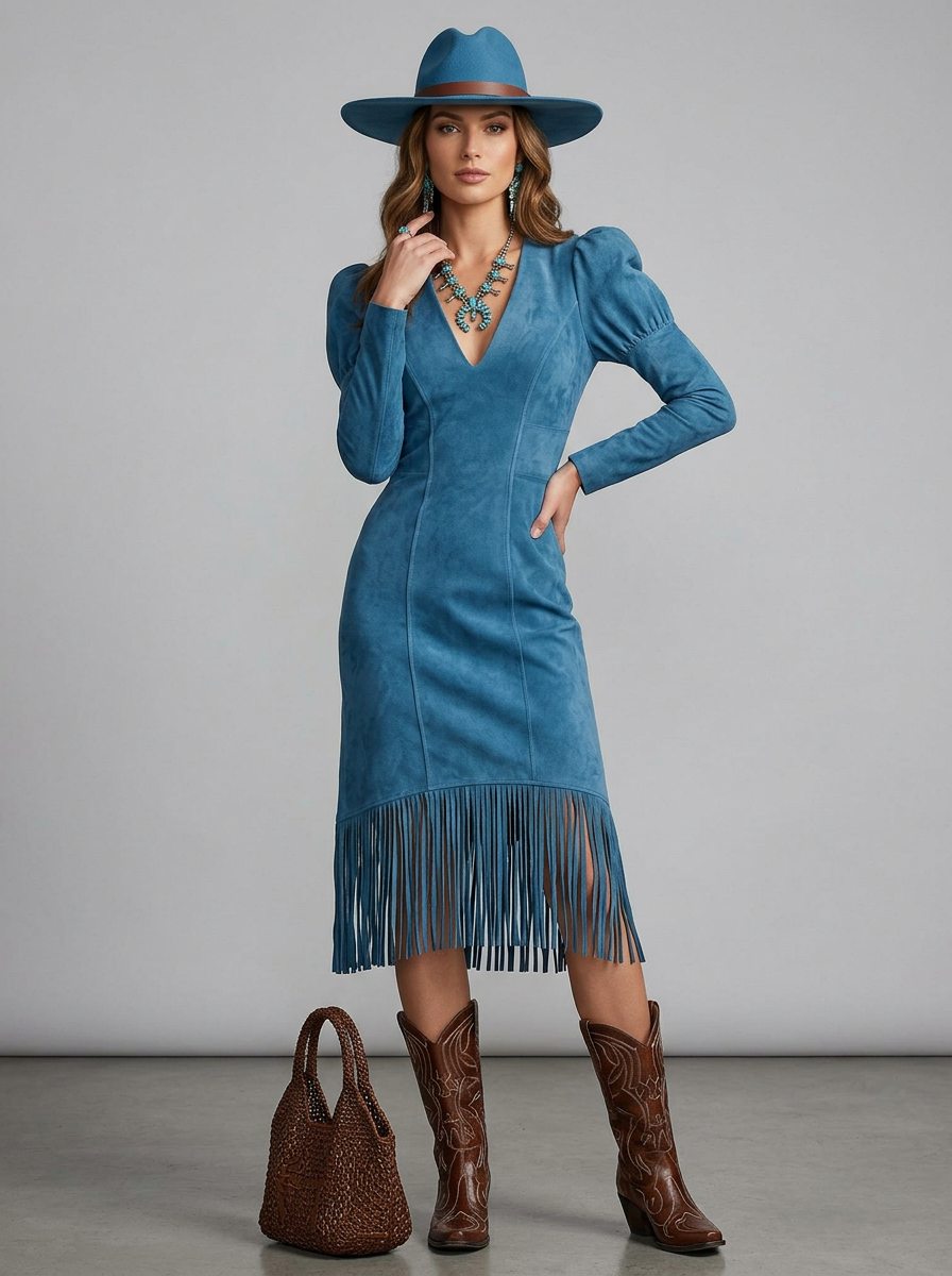 Women's Dress V-Neck Puff Sleeve Fringe | Midi