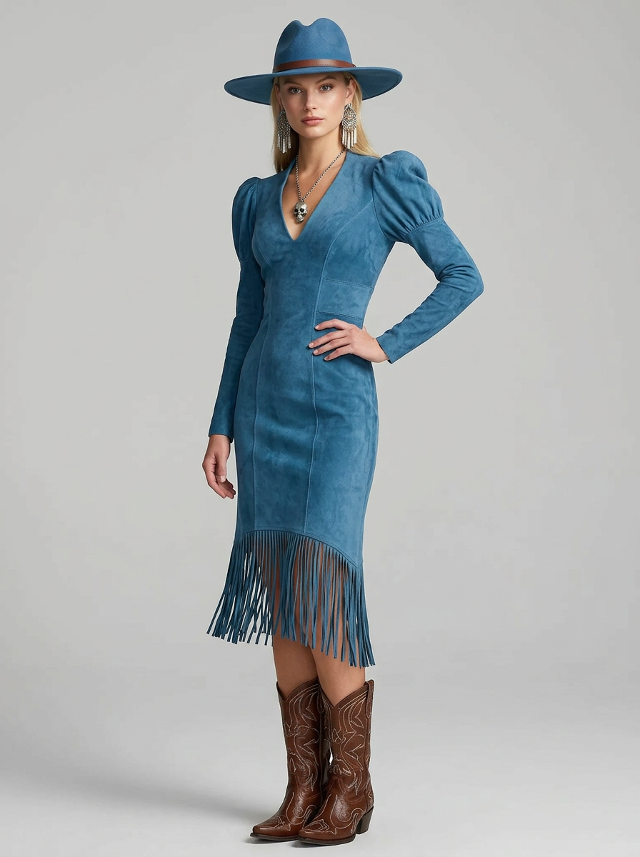 Women's Dress V-Neck Puff Sleeve Fringe | Midi