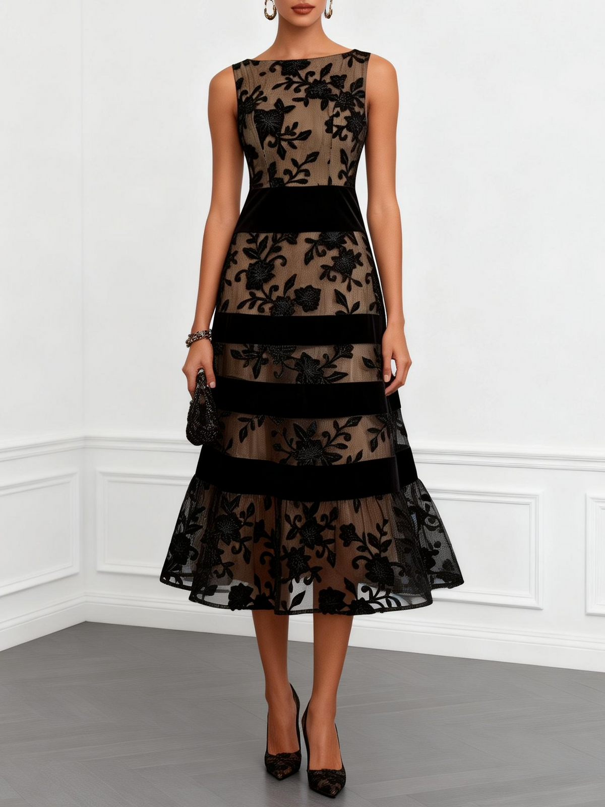Odette | Women's Sophisticated Black Floral A-Line Midi Dress