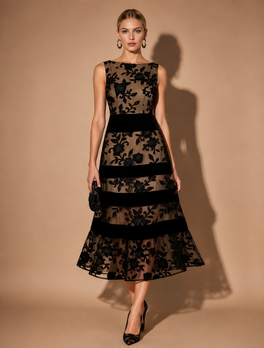Odette | Women's Sophisticated Black Floral A-Line Midi Dress