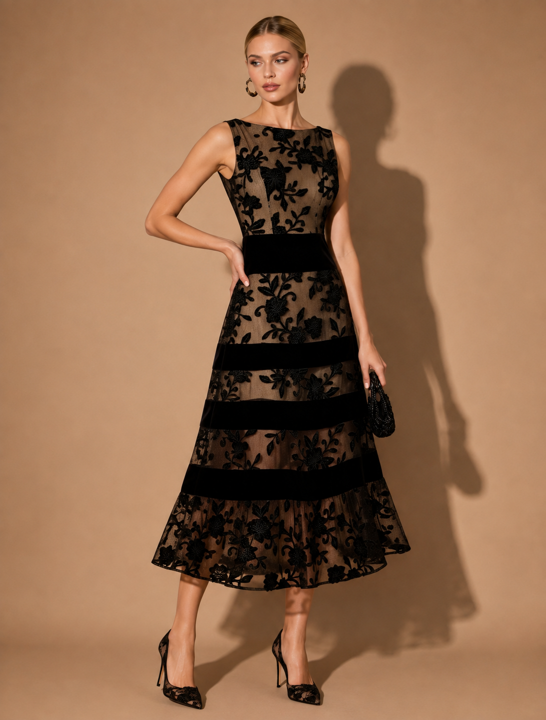 Odette | Women's Sophisticated Black Floral A-Line Midi Dress