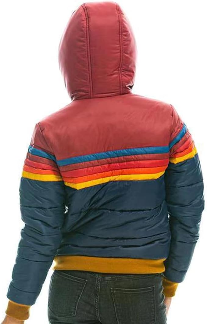 Keira | Women's Hooded Color-Block Puffer Jacket with Retro Stripes and Zip Front