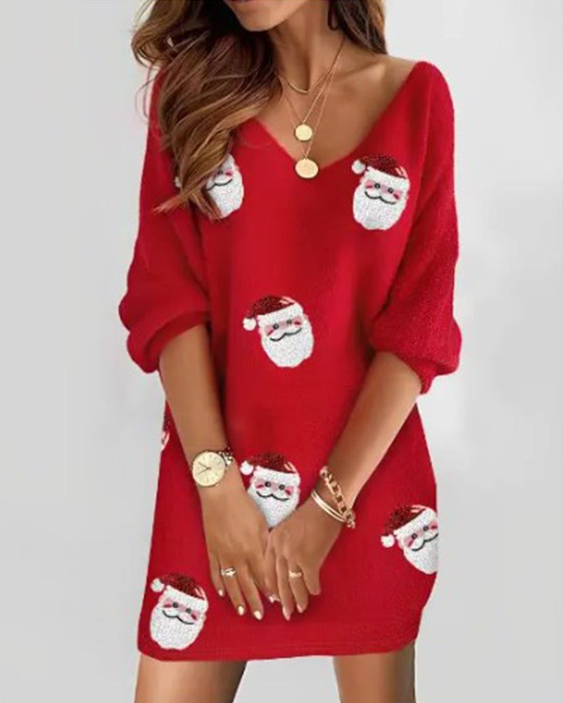 Bianca | Women's Santa Appliqué V-Neck Christmas Mini Dress