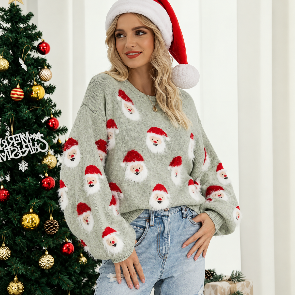 Rosalind | Women's Santa Print Christmas Sweater with Crew Neck