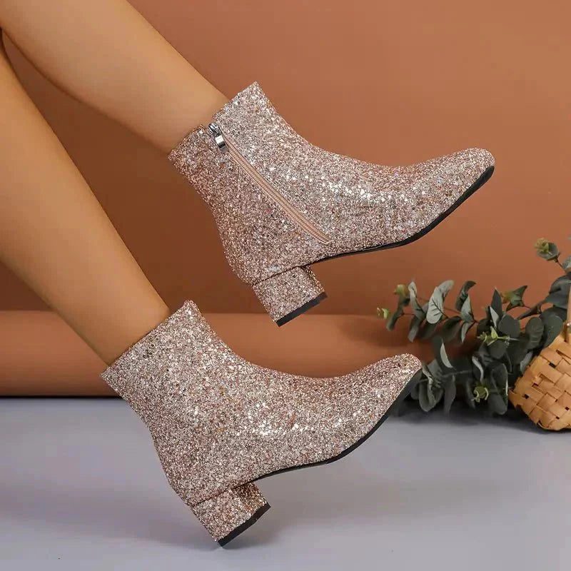 Simone | Women's Glitter Pointed-Toe Block-Heel Ankle Boots