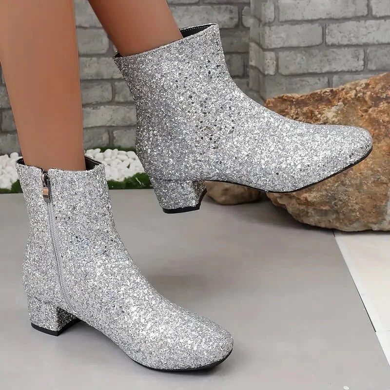 Simone | Women's Glitter Pointed-Toe Block-Heel Ankle Boots