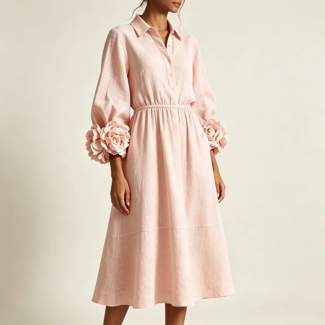 Lucinda | Women's Floral Cuff Lantern-Sleeve Midi Shirt Dress