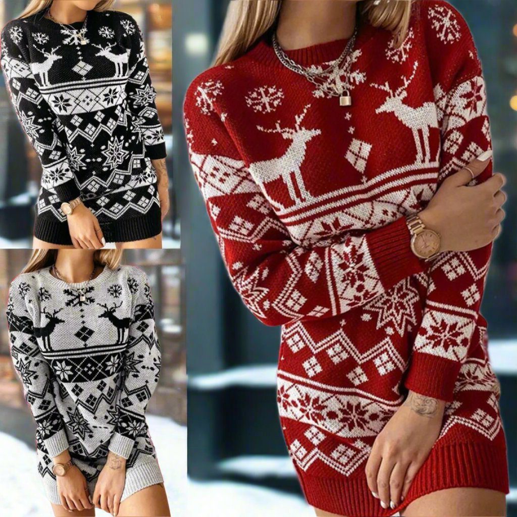 Nadine | Women's Reindeer Snowflake Christmas Sweater Mini Dress