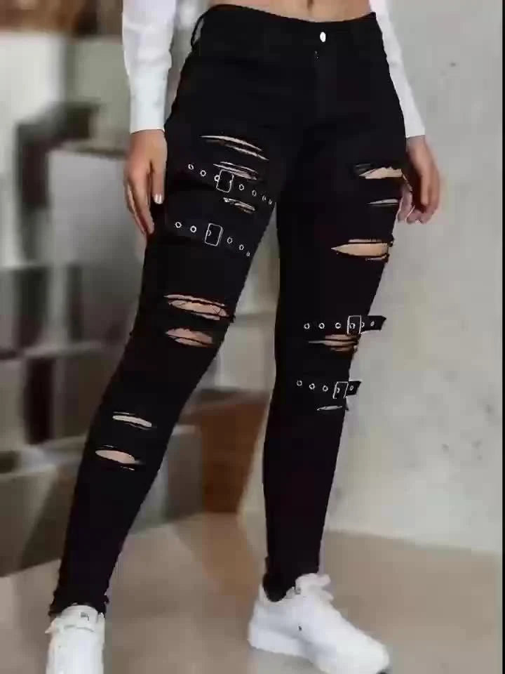 Jolene | Women's Distressed Ripped Jeans with Buckle Straps