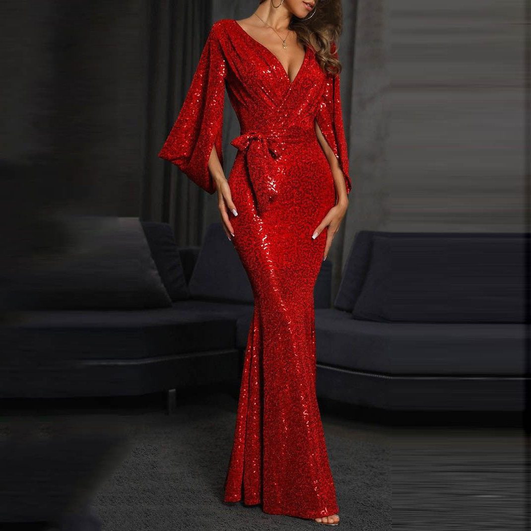 Odette | Women's V-Neck Sequin Mermaid Maxi Dress with Split Sleeves