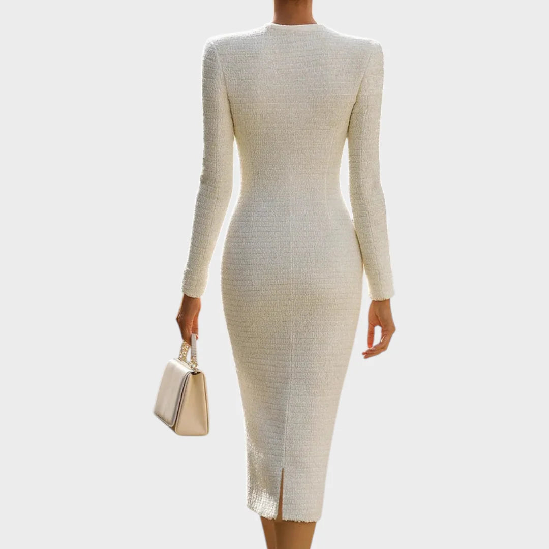 Renata | Women's Textured Button-Front Midi Dress with Gold-Tone Accents