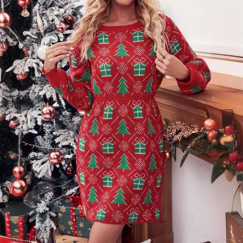Estelle | Women's Christmas Tree & Gift Pattern Sweater Mini Dress