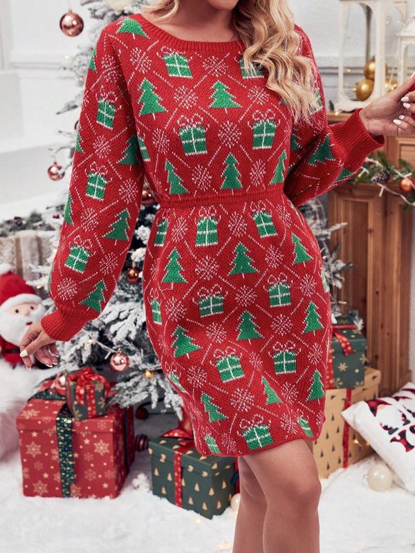 Estelle | Women's Christmas Tree & Gift Pattern Sweater Mini Dress