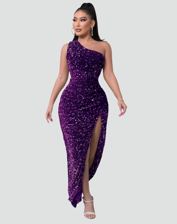 Serena | Women's One-Shoulder Sequin Maxi Evening Dress with High Slit