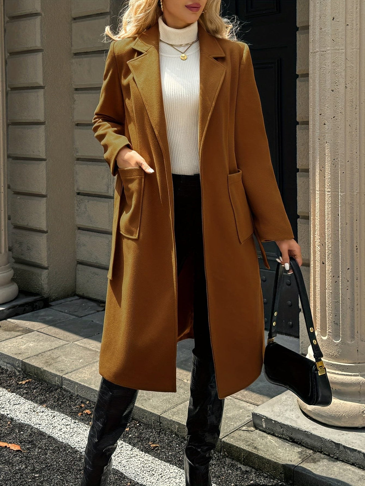 Bernadette | Women's Long Belted Coat with Patch Pockets