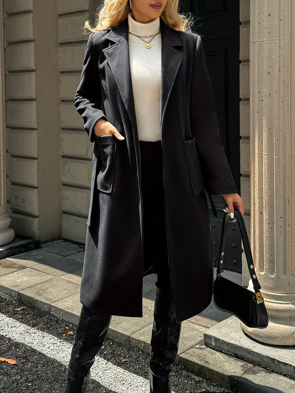 Bernadette | Women's Long Belted Coat with Patch Pockets