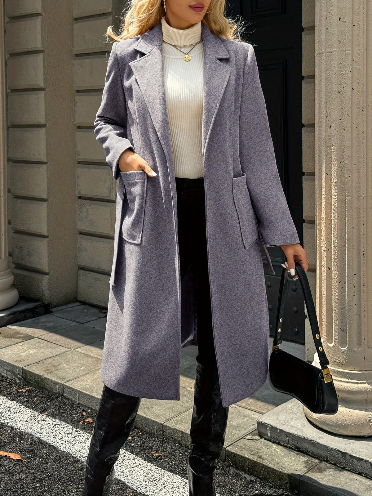 Bernadette | Women's Long Belted Coat with Patch Pockets