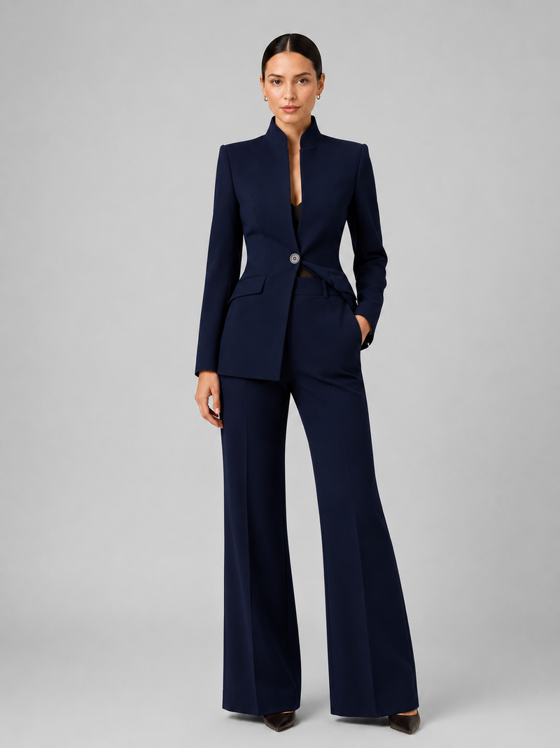 Estelle | Women's Tailored Two-Piece Pantsuit with High-Collar Blazer and Wide-Leg Trousers