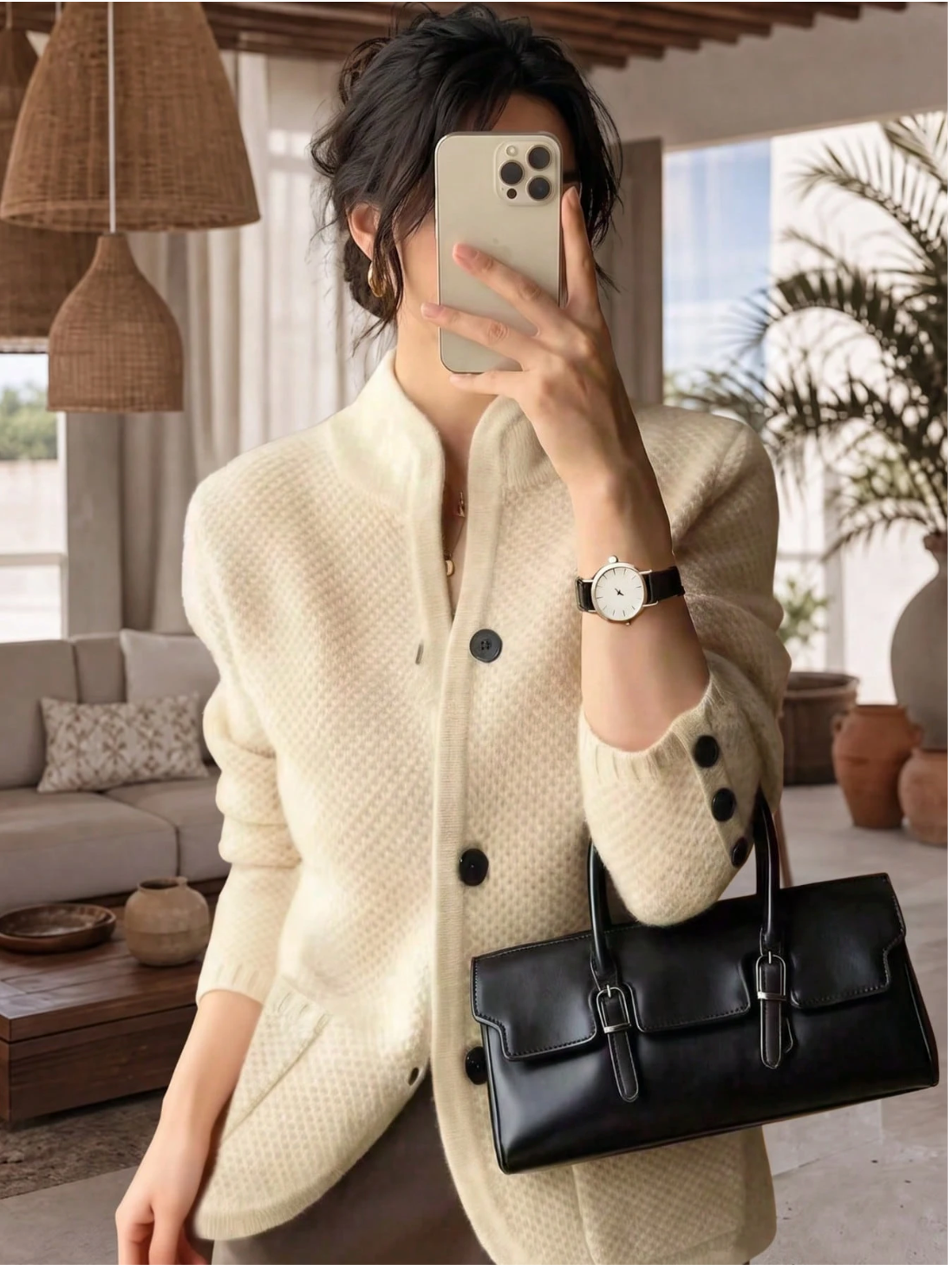 Eleanor | Women's Textured Button-Front Cardigan with Stand Collar and Decorative Cuffs