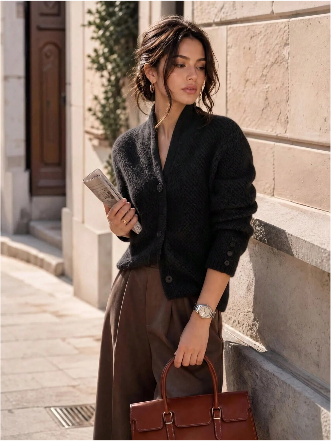 Eleanor | Women's Textured Button-Front Cardigan with Stand Collar and Decorative Cuffs