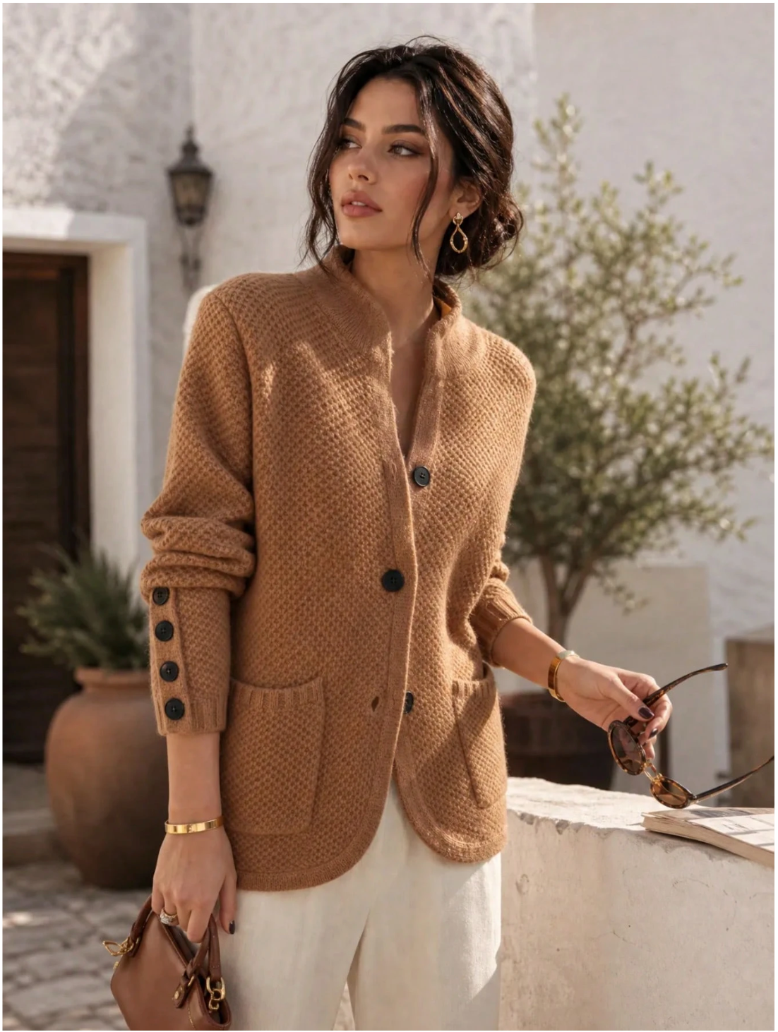 Eleanor | Women's Textured Button-Front Cardigan with Stand Collar and Decorative Cuffs