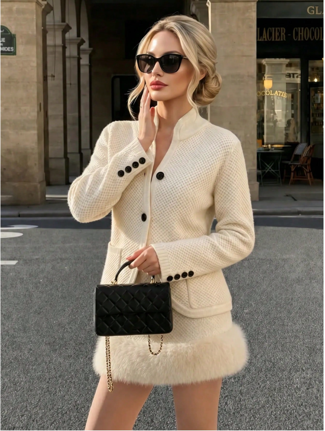 Eleanor | Women's Textured Button-Front Cardigan with Stand Collar and Decorative Cuffs