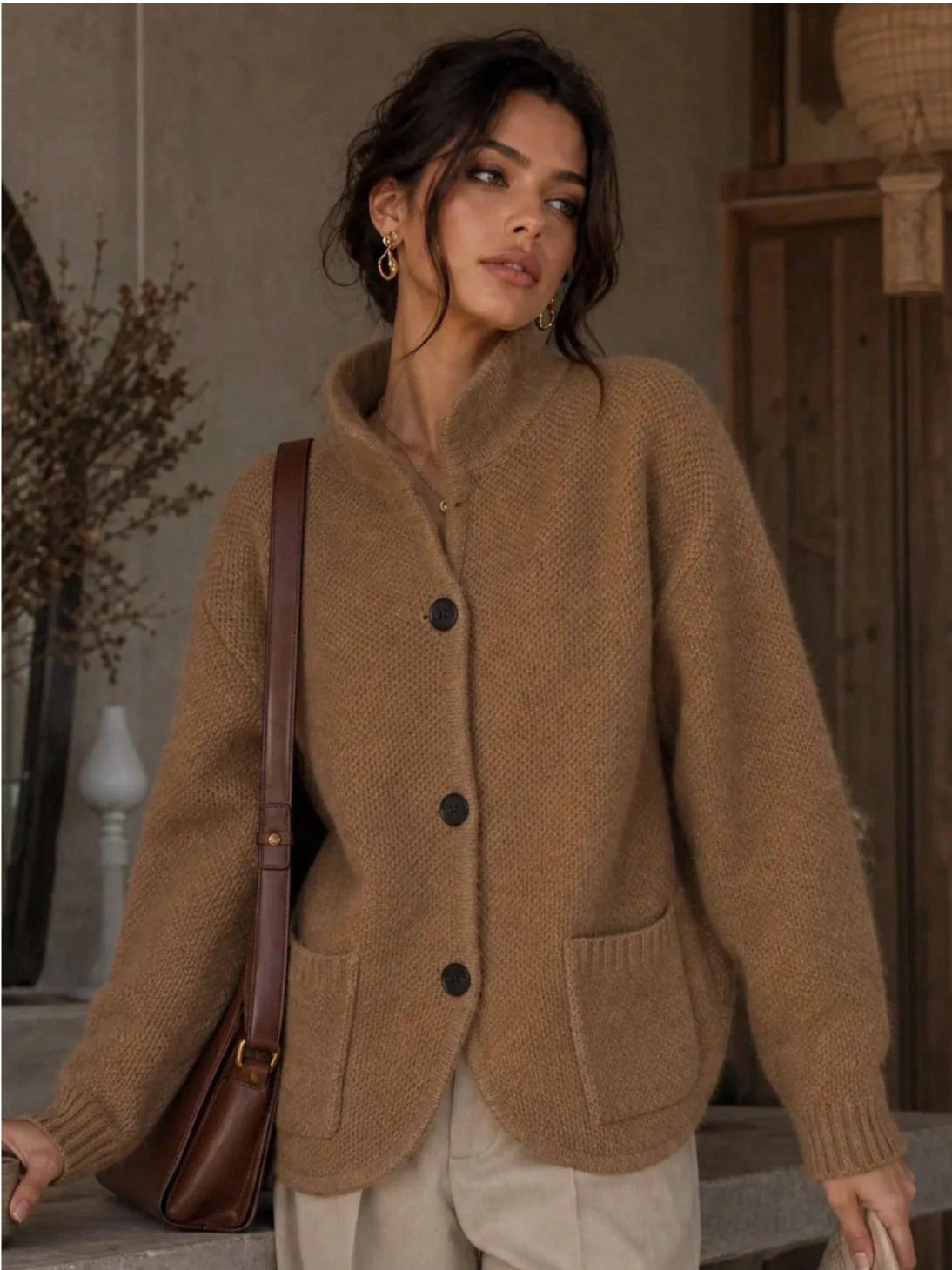 Eleanor | Women's Textured Button-Front Cardigan with Stand Collar and Decorative Cuffs