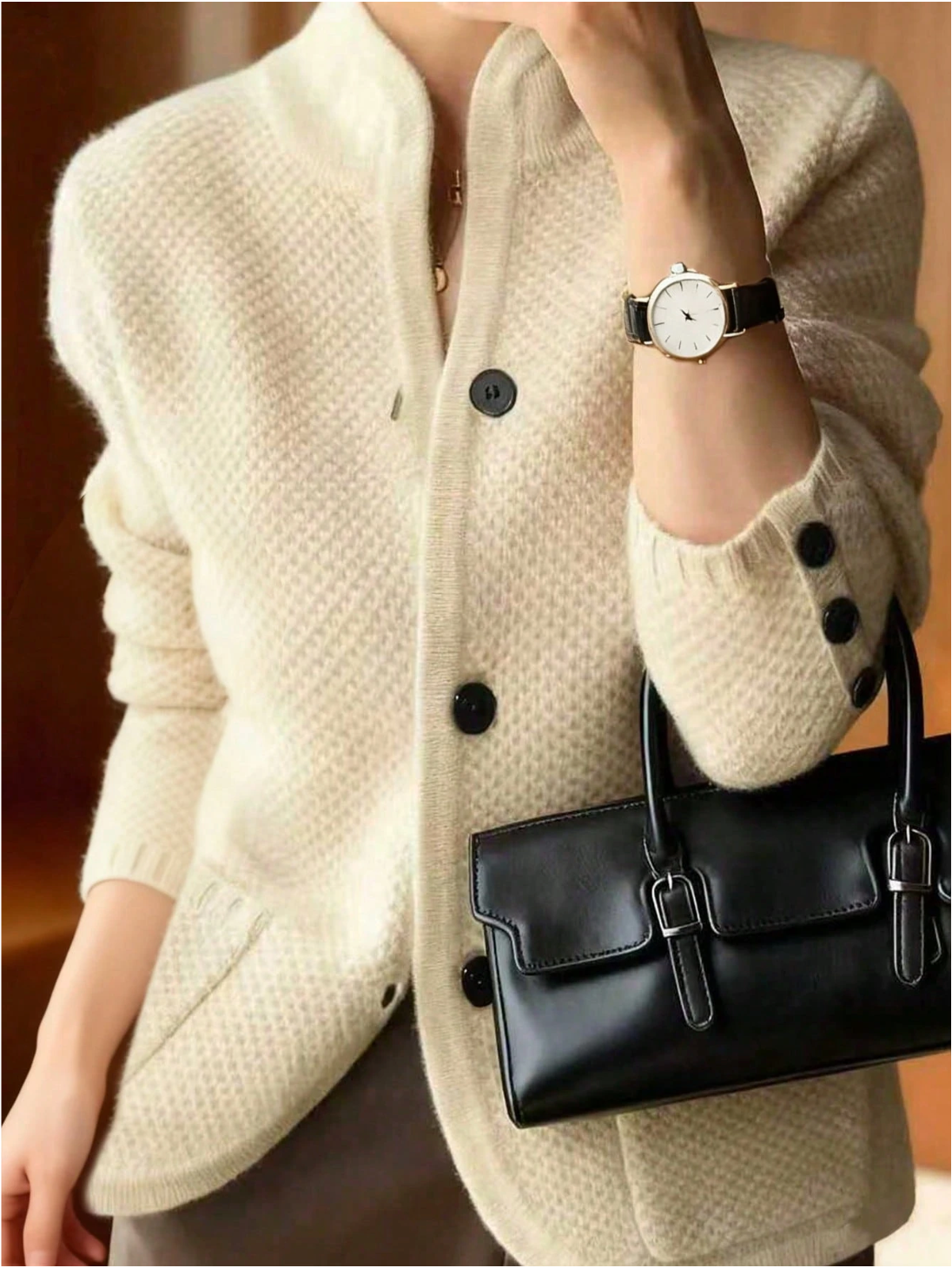 Eleanor | Women's Textured Button-Front Cardigan with Stand Collar and Decorative Cuffs