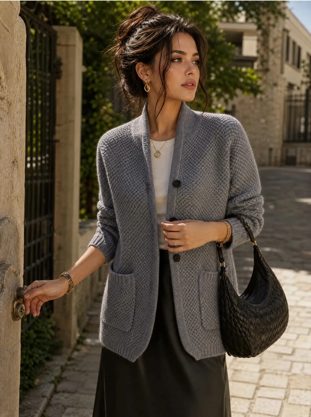 Eleanor | Women's Textured Button-Front Cardigan with Stand Collar and Decorative Cuffs