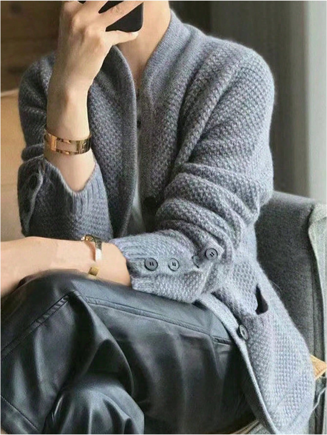 Eleanor | Women's Textured Button-Front Cardigan with Stand Collar and Decorative Cuffs