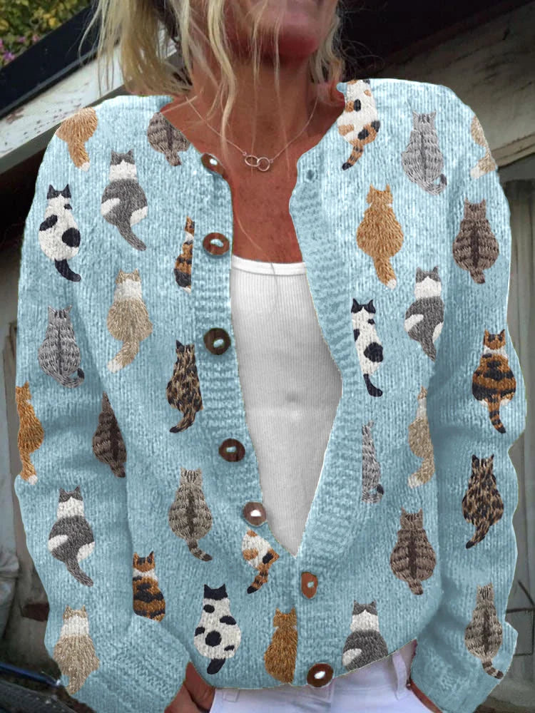 Tabitha | Women's Cat-Print Button-Front Cardigan