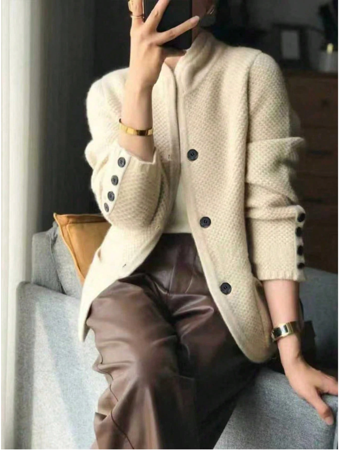 Eleanor | Women's Textured Button-Front Cardigan with Stand Collar and Decorative Cuffs
