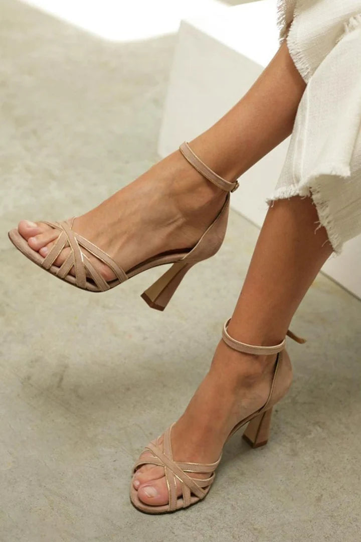 Calivara | Women's Nude Strappy Block Heel Sandals with Ankle Strap