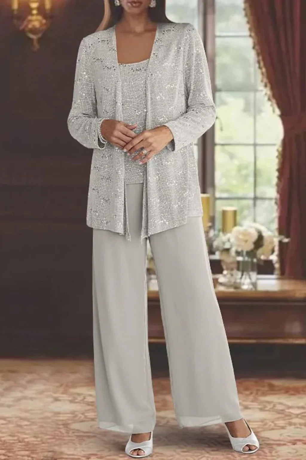 Carla | Women's Three-Piece Sequin Jacket and Wide-Leg Trouser Suit