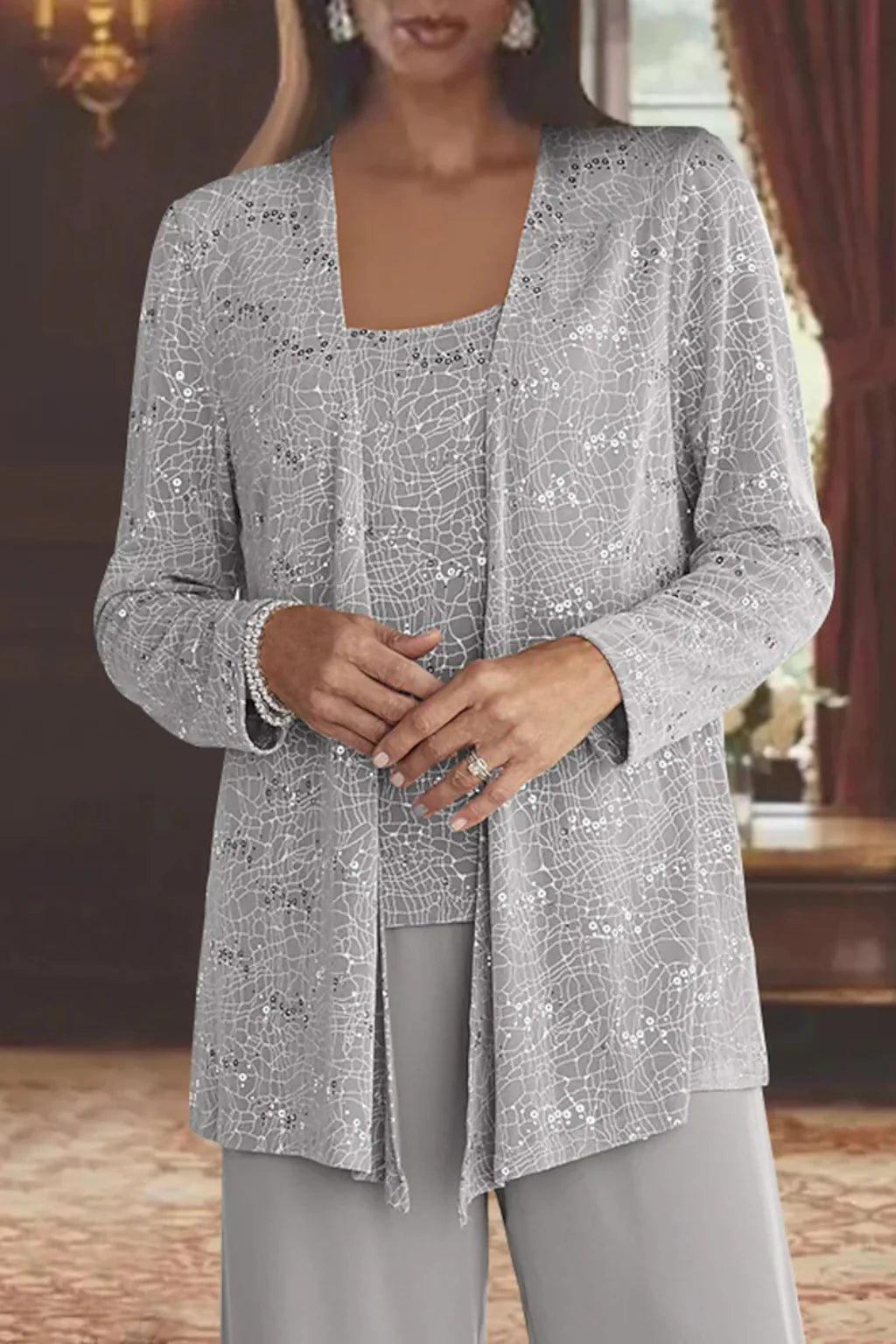 Carla | Women's Three-Piece Sequin Jacket and Wide-Leg Trouser Suit