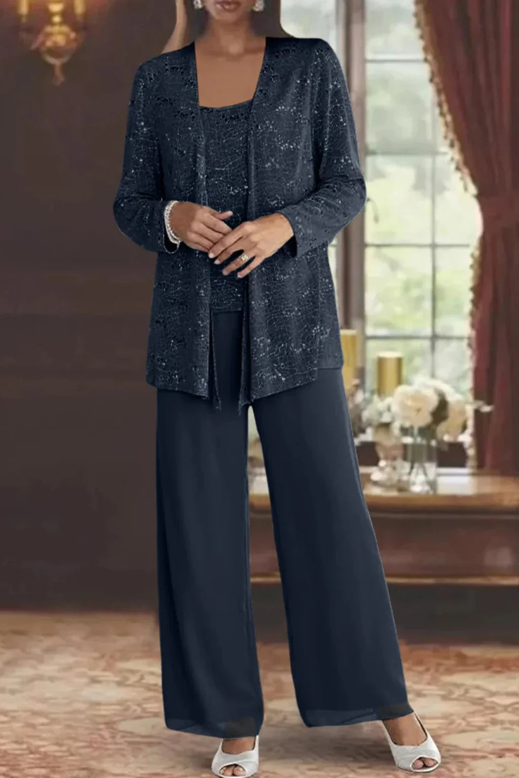 Carla | Women's Three-Piece Sequin Jacket and Wide-Leg Trouser Suit