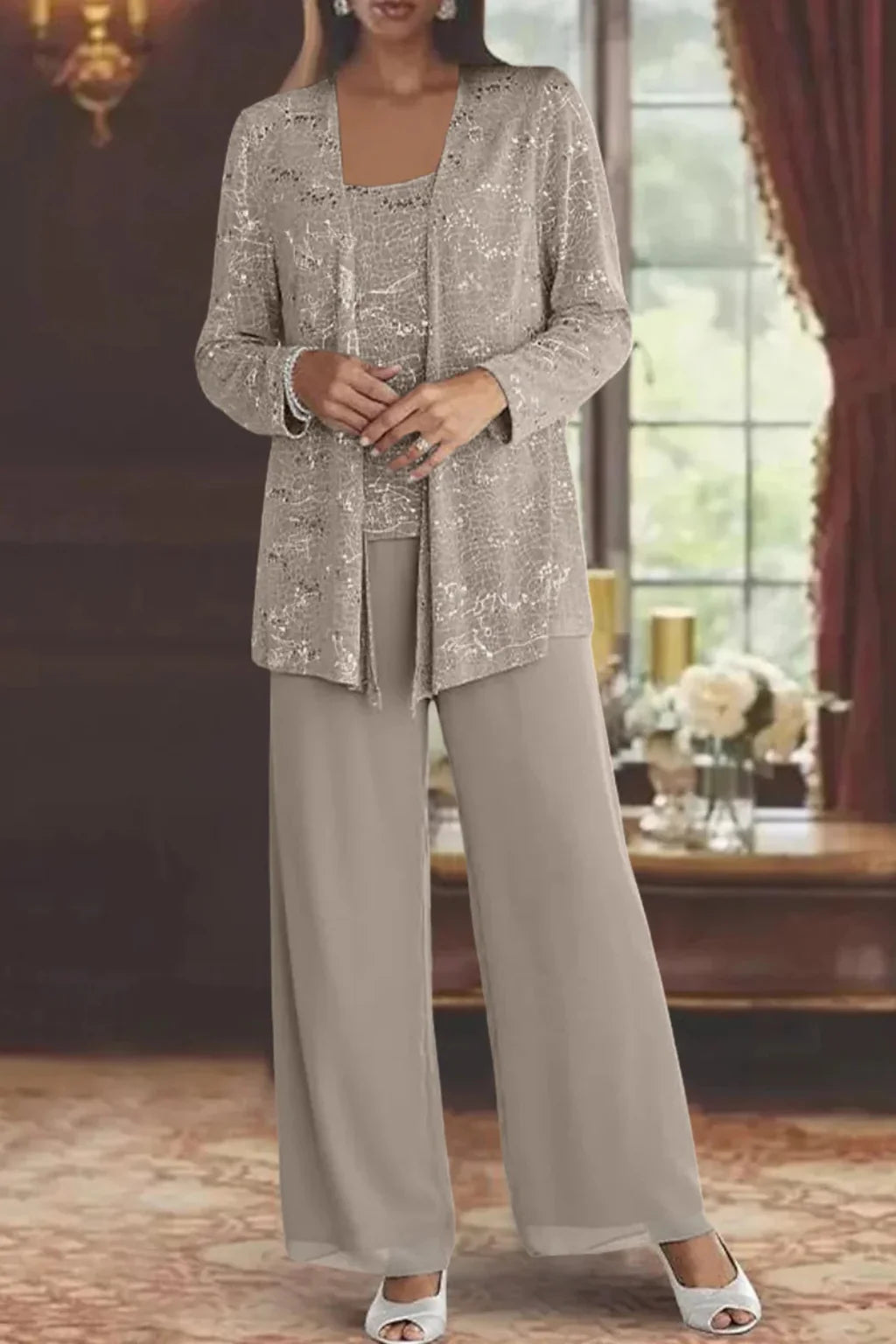 Carla | Women's Three-Piece Sequin Jacket and Wide-Leg Trouser Suit