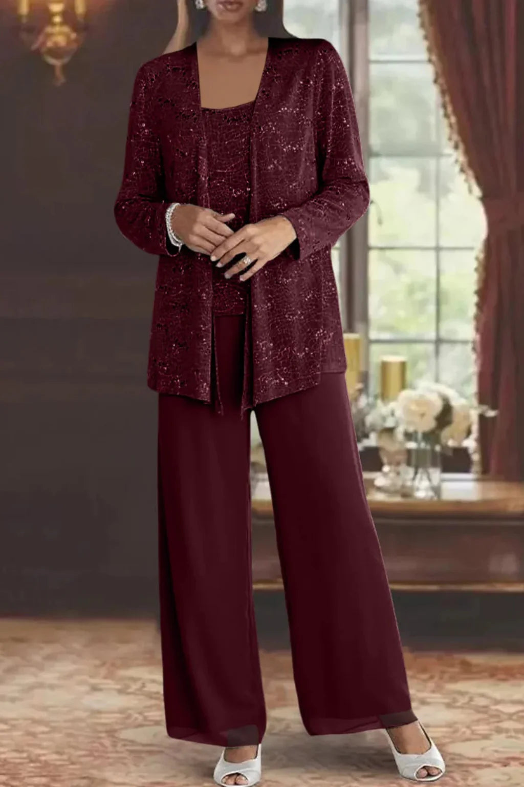 Carla | Women's Three-Piece Sequin Jacket and Wide-Leg Trouser Suit