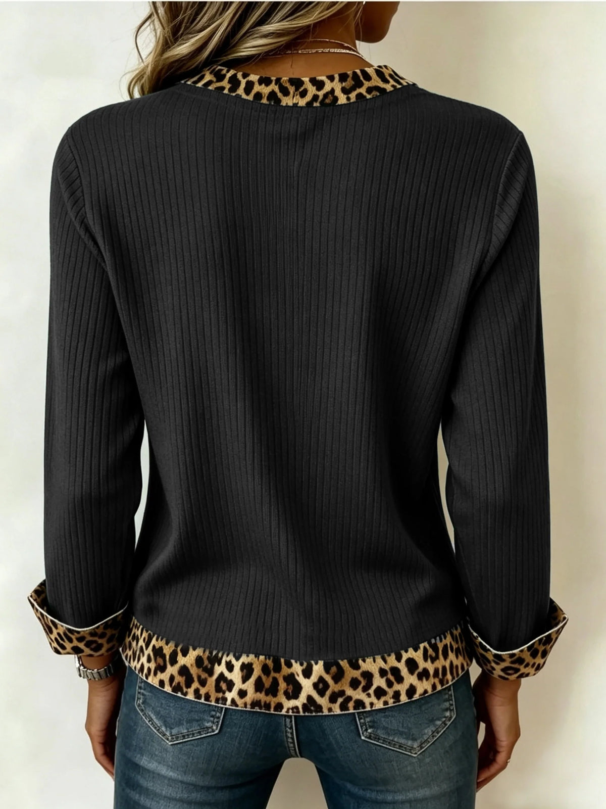 Christa | Women's V-Neck Top with Animal-Print Trim