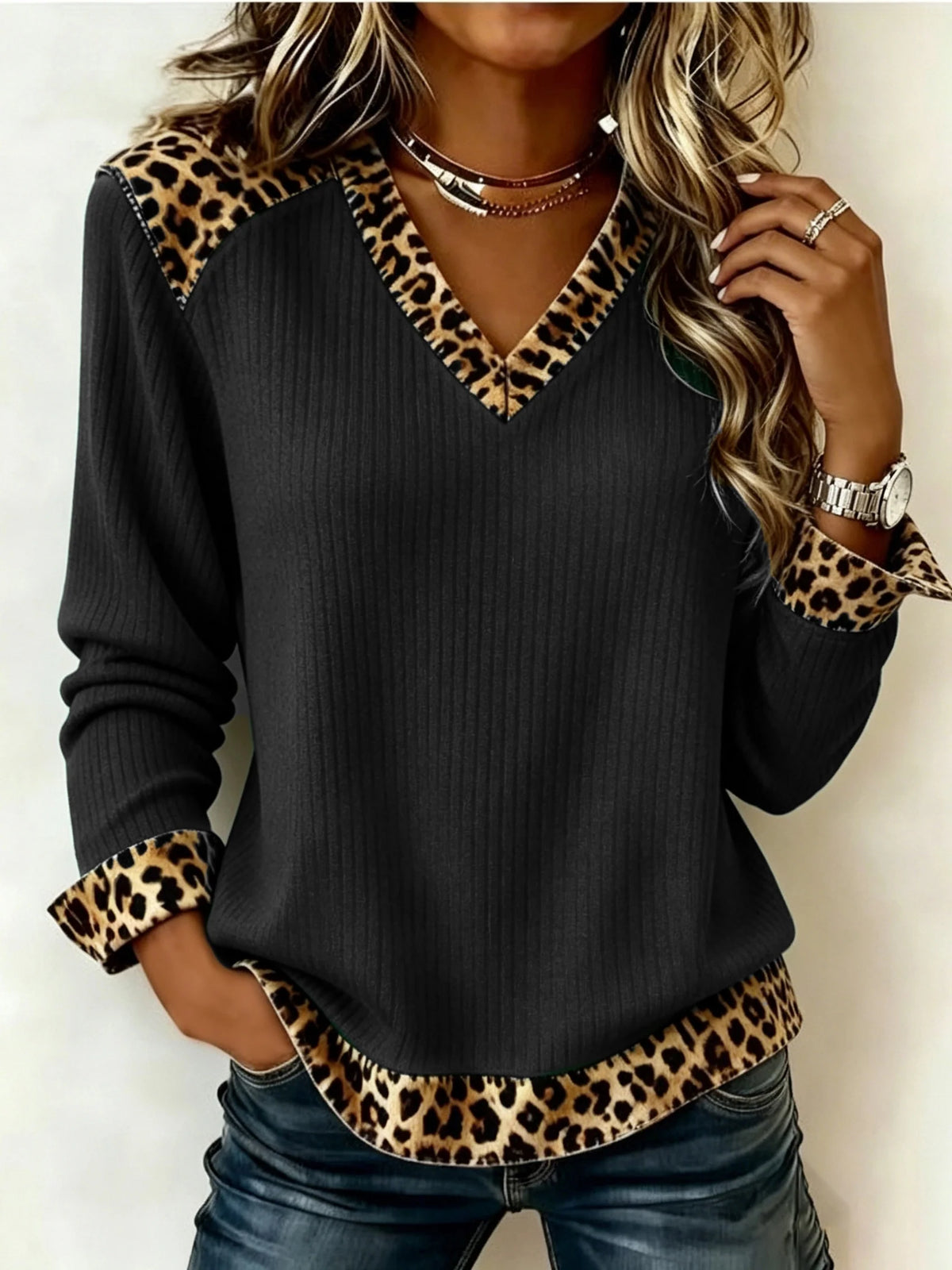 Christa | Women's V-Neck Top with Animal-Print Trim