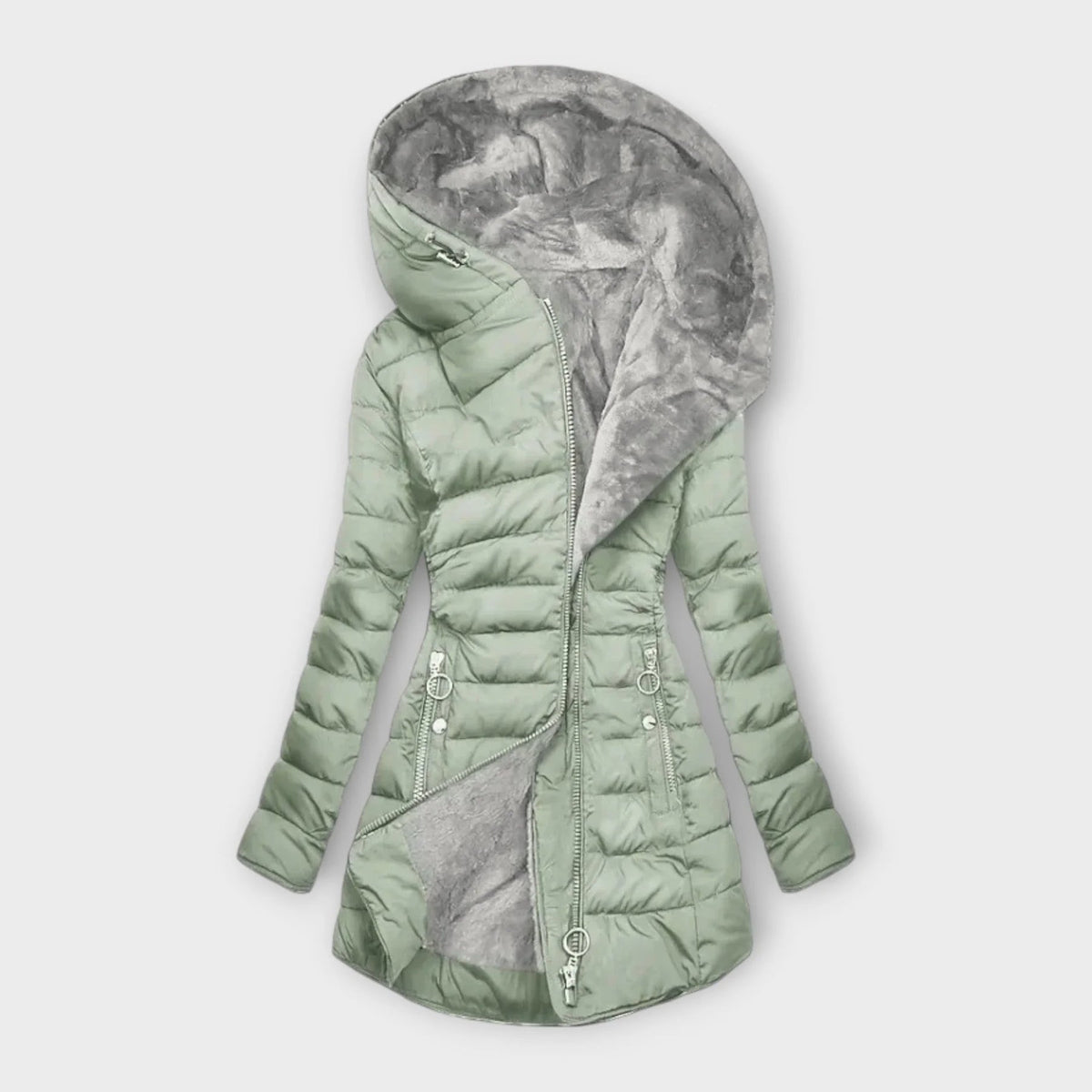 Evelyn | Women's Long Quilted Puffer Coat with Hood and Zip-Up Front