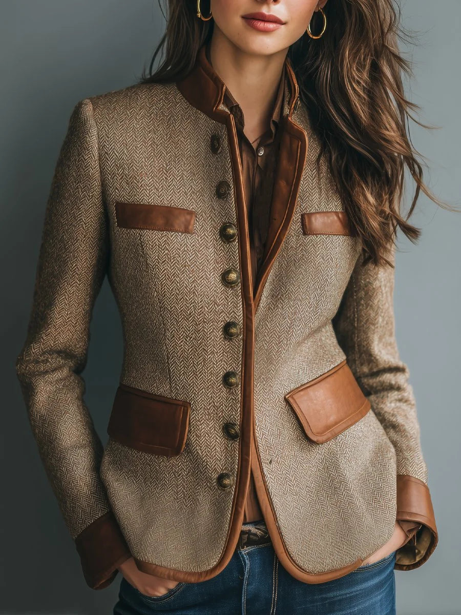 Camille | Women's Tailored Herringbone Jacket with Contrast Trim and Button Front