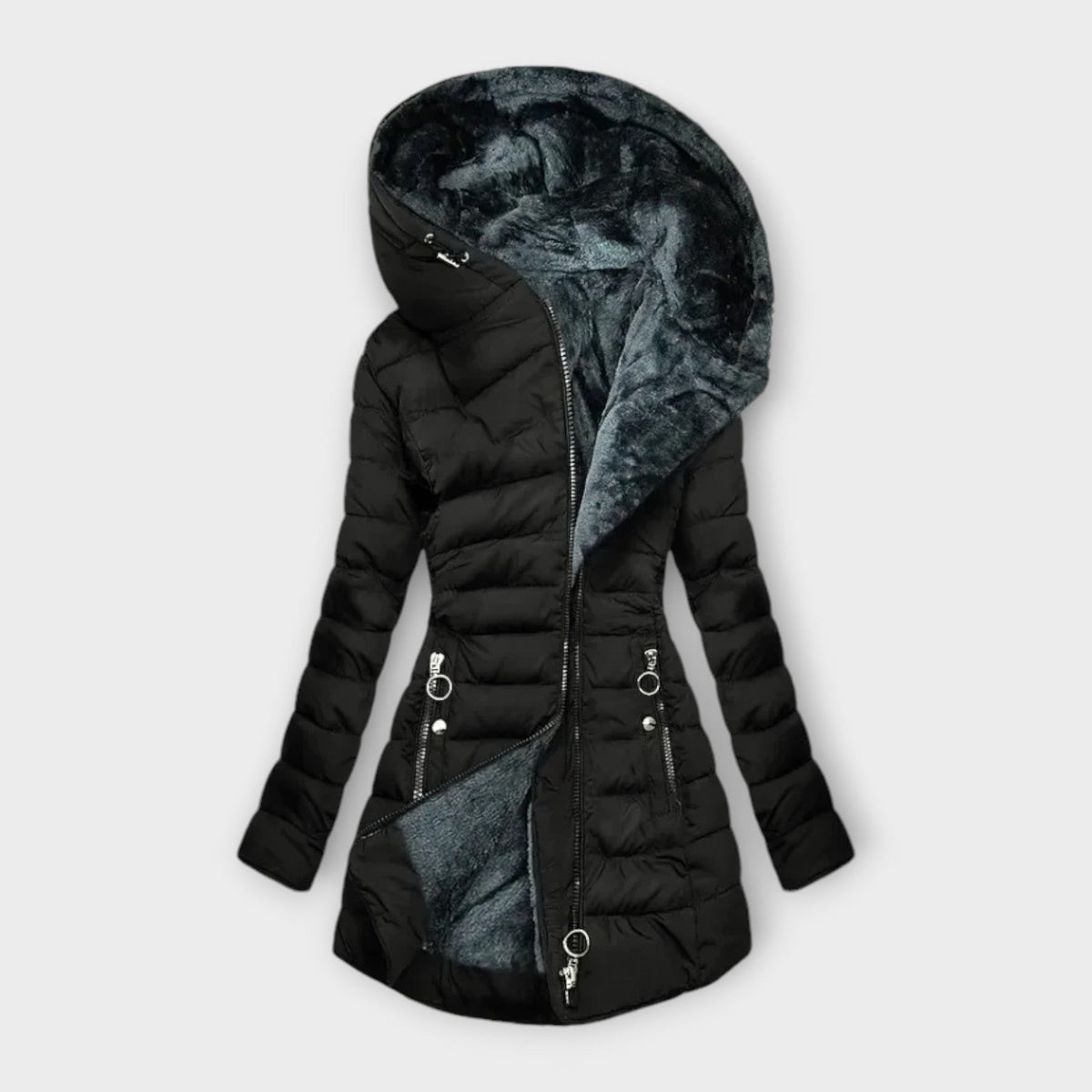 Evelyn | Women's Long Quilted Puffer Coat with Hood and Zip-Up Front