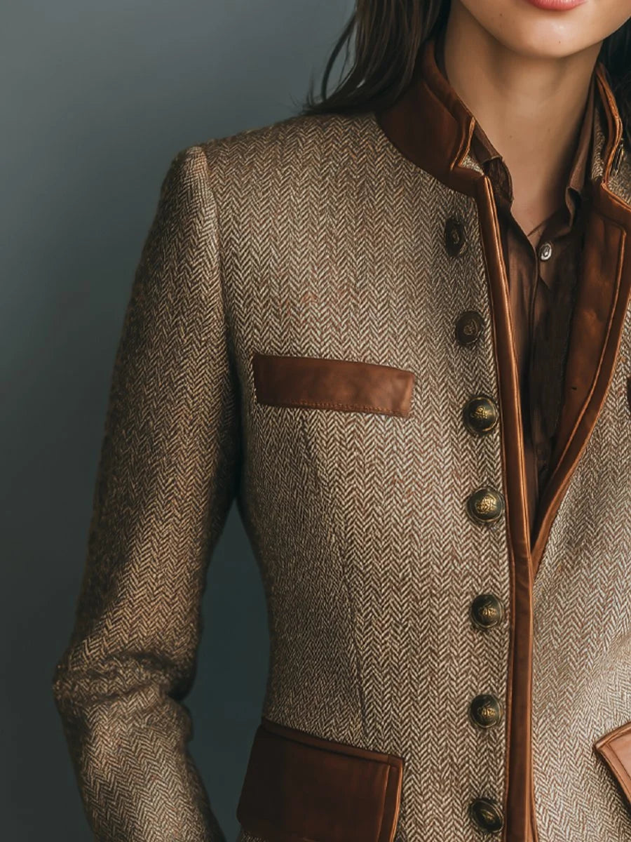 Camille | Women's Tailored Herringbone Jacket with Contrast Trim and Button Front