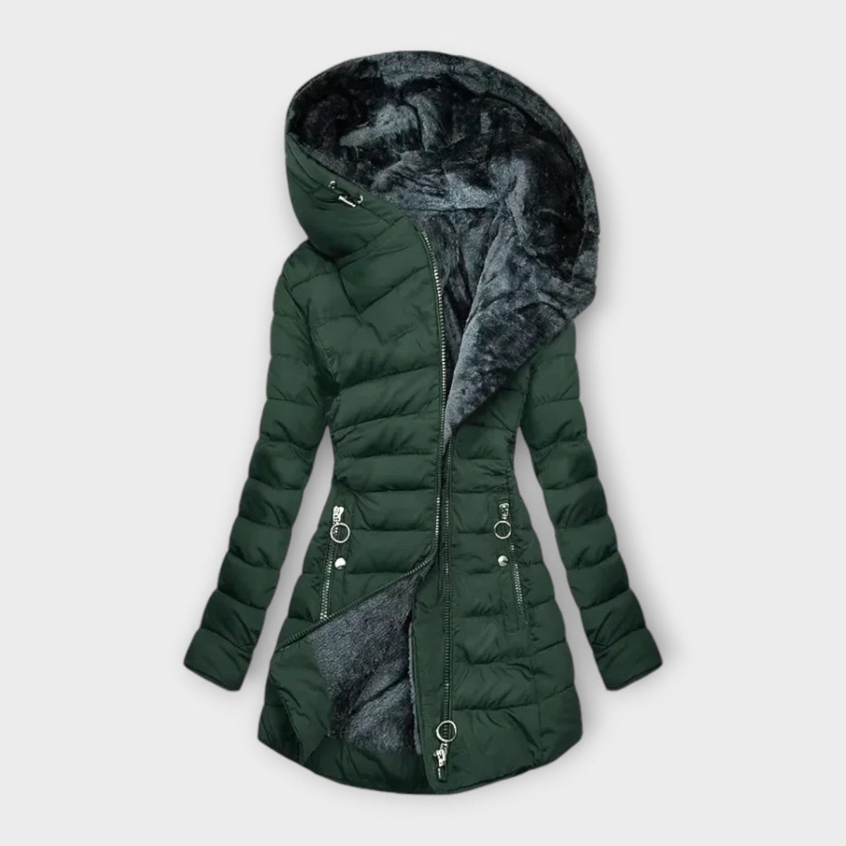 Evelyn | Women's Long Quilted Puffer Coat with Hood and Zip-Up Front