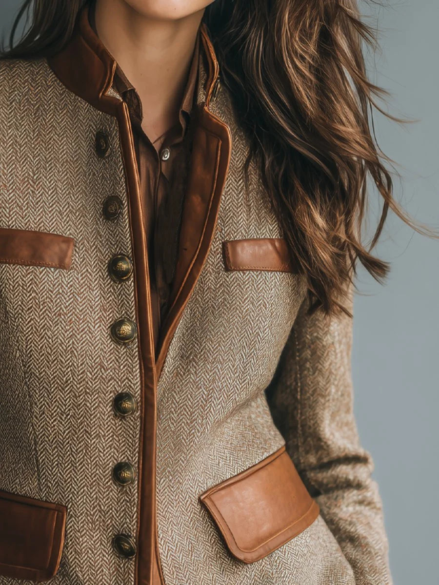 Camille | Women's Tailored Herringbone Jacket with Contrast Trim and Button Front
