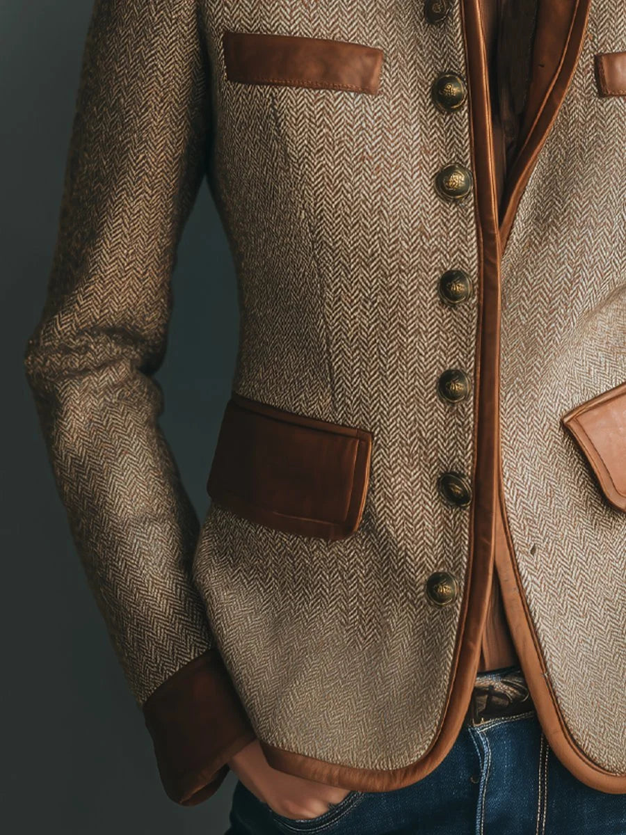 Camille | Women's Tailored Herringbone Jacket with Contrast Trim and Button Front