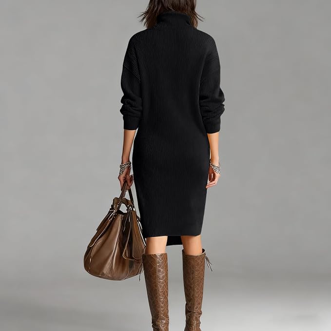 Diana | Women's Ribbed Midi Sweater Dress with Collared V-Neck and Long Sleeves